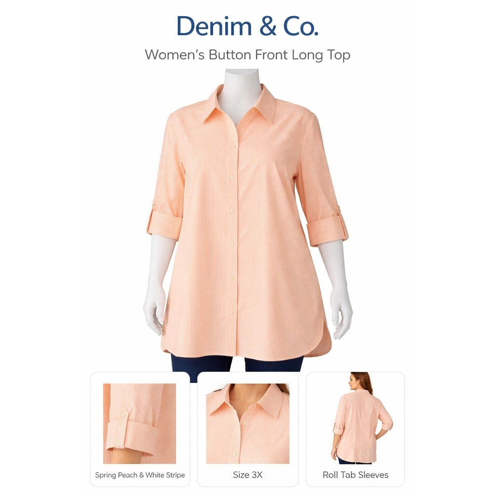 Denim & Co Womens 2X Peach White Stripe Button Front Roll Tab Sleeve Tunic A2222